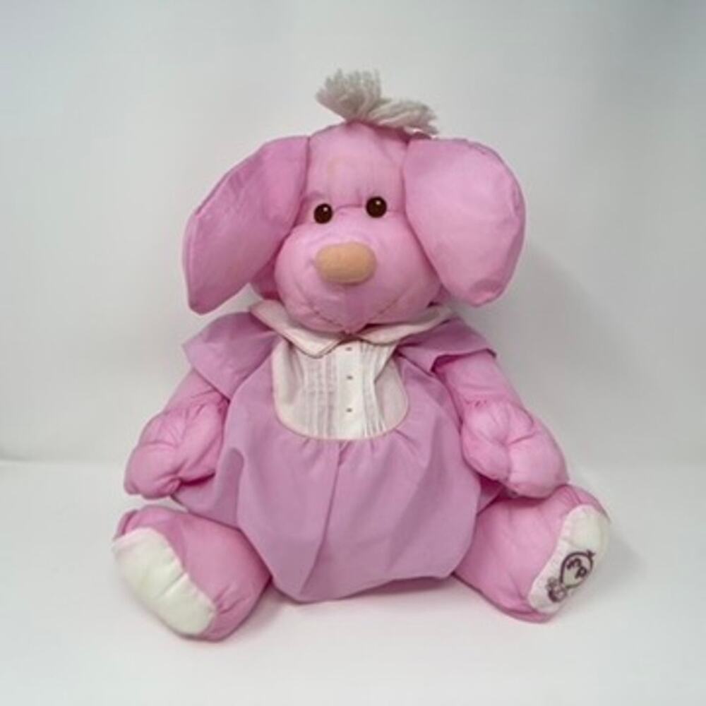 Vintage 12"Fisher Price 1986 Puffalump Pink Puppy Dog w/ Romper Outfit #8003